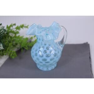 Fenton Blue Opalescent Coin Dot 5.25” Pitcher Ruffled Crimped Crystal Handle
